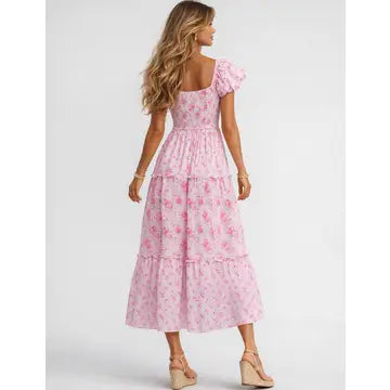Ladies Boho Floral Print Tie Neck Puff Sleeves Maxi Dress
