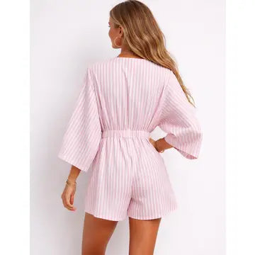 Ladies Chic Striped V-Neck Tie Knot 3/4 Kimono Sleeves Romper