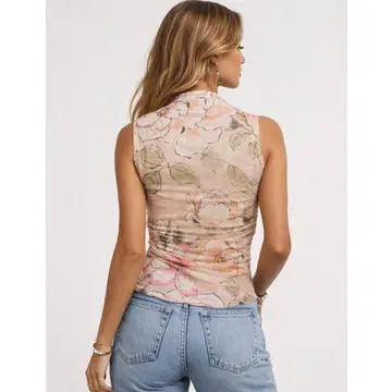 Floral Print Ruched Sleeveless Sheer Mesh Top