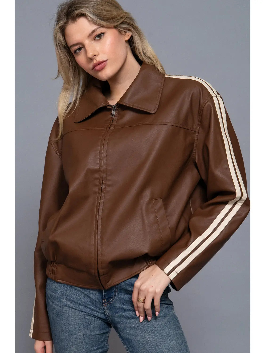 Long Sleeve Line Detail Faux Leather Jacket