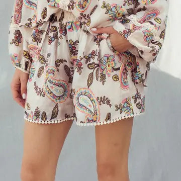 Boho Colorful Paisley Embroidered Smocked Shorts