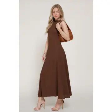 Sleeveless High Neck Crinkle Knit Fully Long Dress