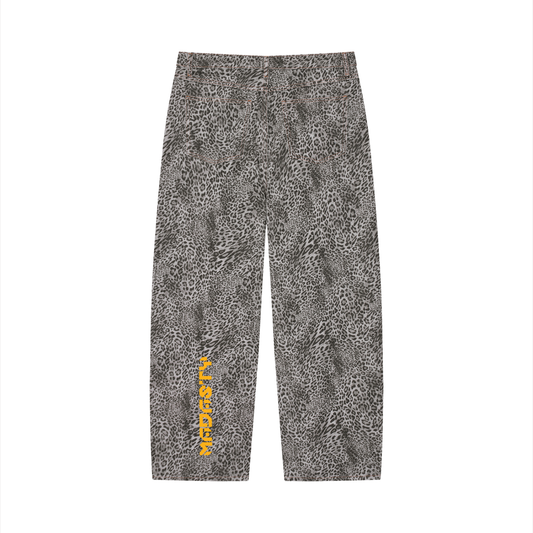 MADASTY- M -Unisex Vintage Wash Leopard Wide Leg Jeans