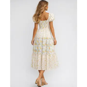 Ladies Floral Print Sweetheart Neck Puff Sleeves Maxi Dress