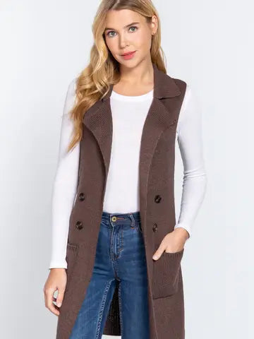 Sleeveless Notched Collar Long Sweater Vest