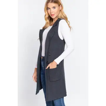 Sleeveless Notched Collar Long Sweater Vest