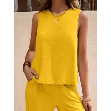 Ladies Solid Color Sleeveless Vest and Pants Sets