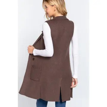 Sleeveless Notched Collar Long Sweater Vest