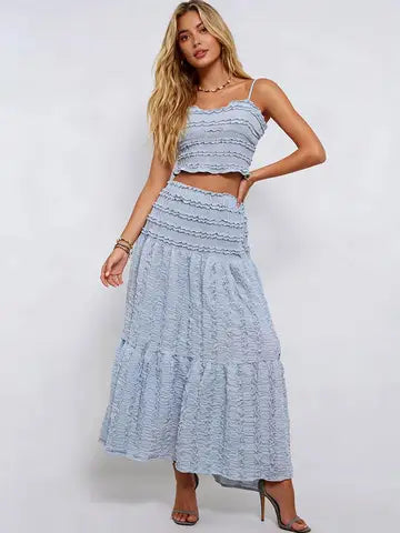 Ladies Romantic Wrinkle Ruffle Cami Top & Tiered Maxi Skirt Set