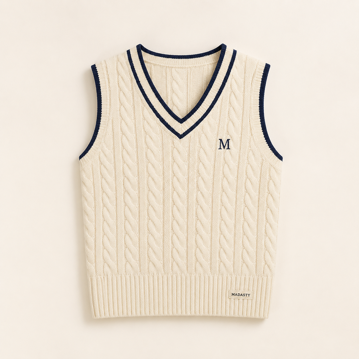 Madasty Signature Cable-Knit Vest

A timeless layering piece designed for polished, effortless style. This black cable-knit vest features crisp cream trim along the V-neck and armholes, a delicate embroidered M on the chest, and a subtle Madasty label at