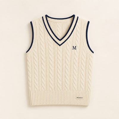 Madasty Signature Cable-Knit Vest

A timeless layering piece designed for polished, effortless style. This black cable-knit vest features crisp cream trim along the V-neck and armholes, a delicate embroidered M on the chest, and a subtle Madasty label at