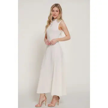 Sleeveless High Neck Crinkle Knit Fully Long Dress