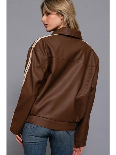 Long Sleeve Line Detail Faux Leather Jacket