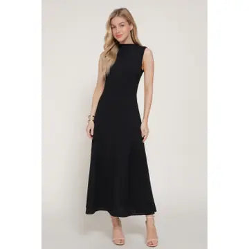 Sleeveless High Neck Crinkle Knit Fully Long Dress