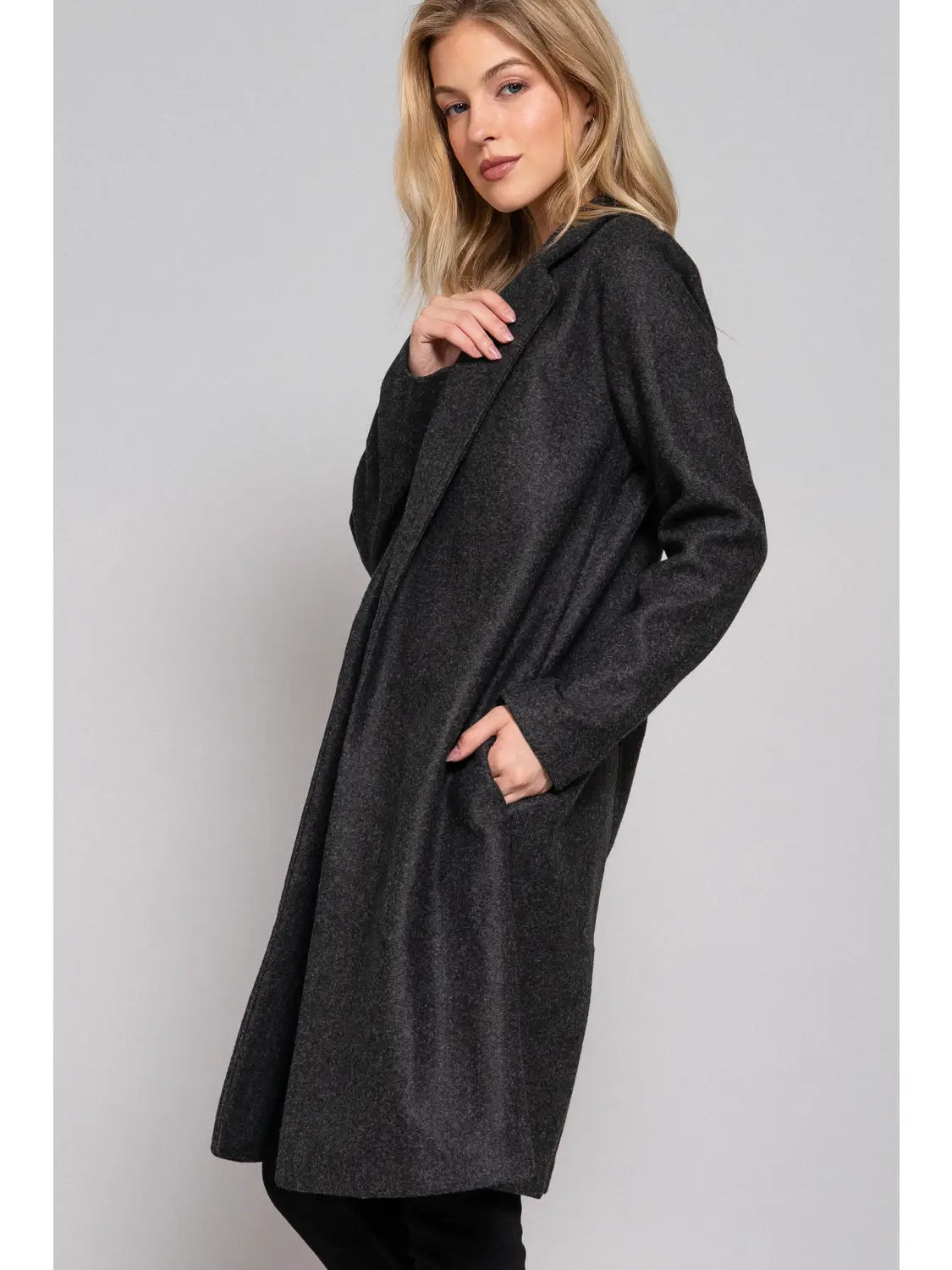 Long Sleeve Open Front Soft Felt Long Coat