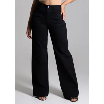 High-Waisted Wide Leg Twill Women's Pants in Black