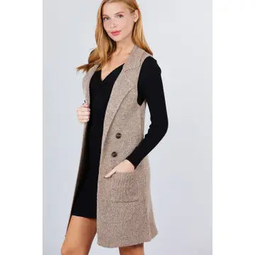 Sleeveless Notched Collar Long Sweater Vest