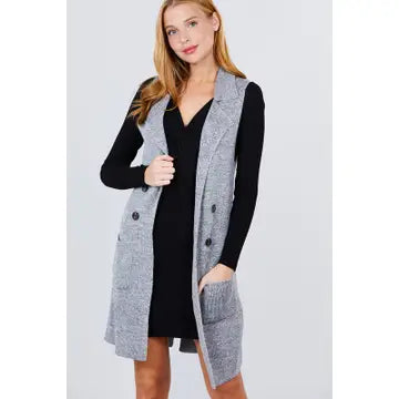 Sleeveless Notched Collar Long Sweater Vest
