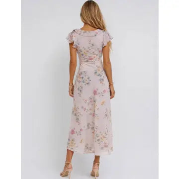 Ladies Romantic Ruffle V-Neck Floral Print Midi Dress