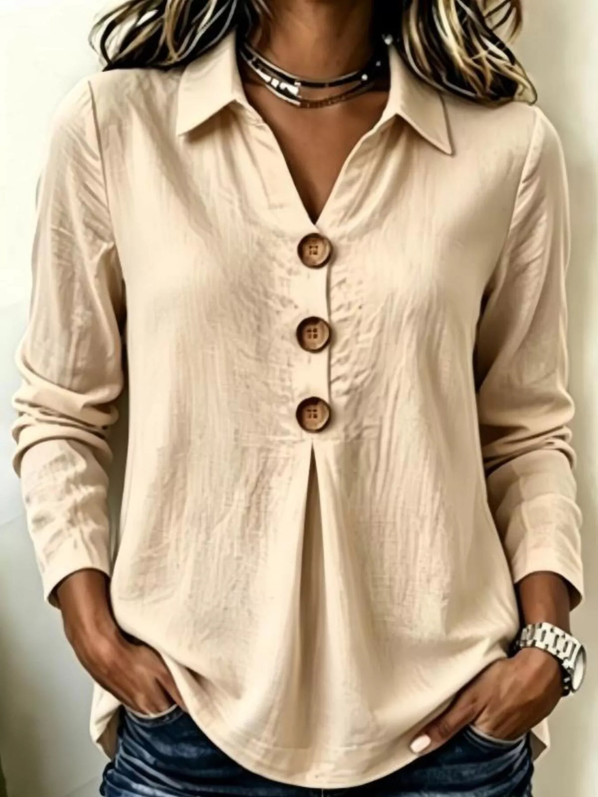 Full Size Button Detail Long Sleeve Blouse Plus Size