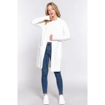 Long Sleeve Rib Banded Open Tunic Sweater Cardigan