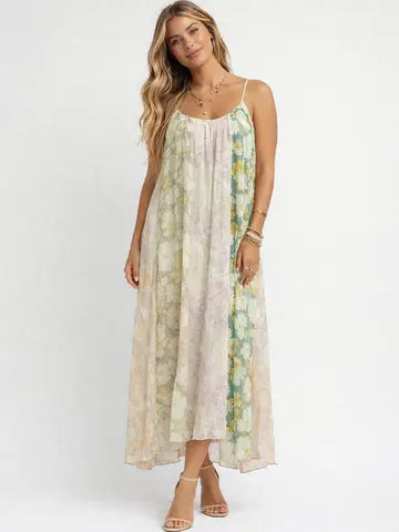 Ladies Floral Print Spaghetti Strap Chiffon Cami Maxi Dress