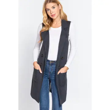 Sleeveless Notched Collar Long Sweater Vest