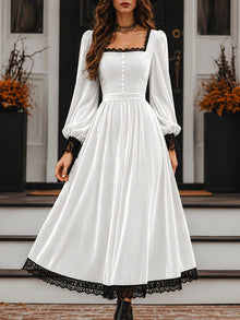 Square-neck Lace-panel Velvet Dress