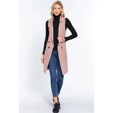 Sleeveless Notched Collar Long Sweater Vest