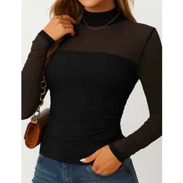 See Sheer Mock Neck Long Sleeves Mesh Top