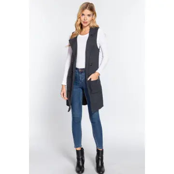 Sleeveless Notched Collar Long Sweater Vest
