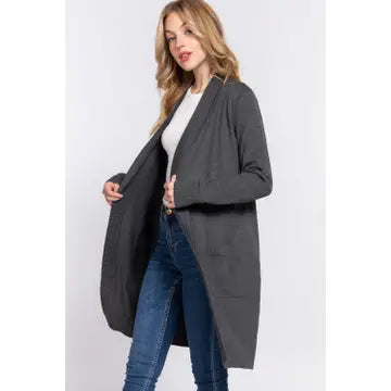 Long Sleeve Rib Banded Open Tunic Sweater Cardigan