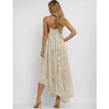 Ladies Floral Print Spaghetti Strap Chiffon Cami Maxi Dress