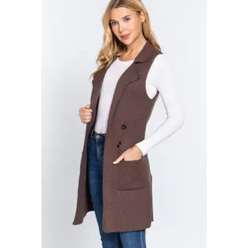 Sleeveless Notched Collar Long Sweater Vest