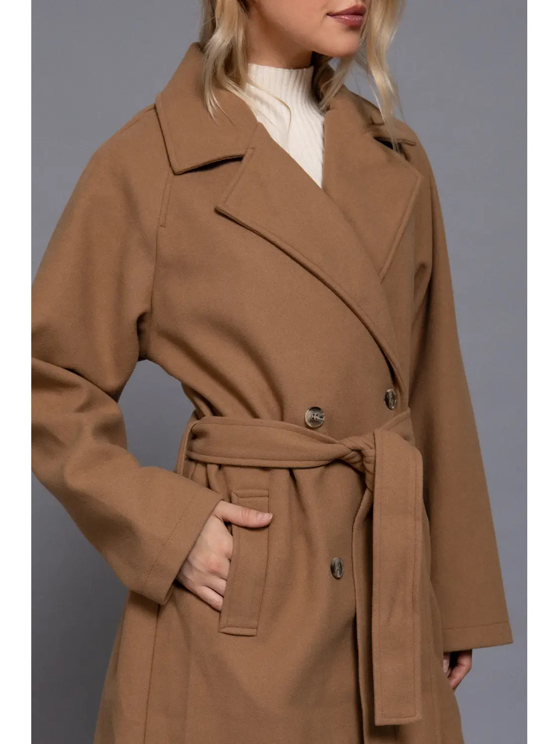 Long Sleeve Double Breasted Button Soft Felt Trench Coat