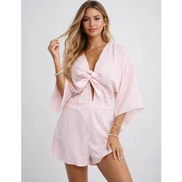 Ladies Chic Striped V-Neck Tie Knot 3/4 Kimono Sleeves Romper
