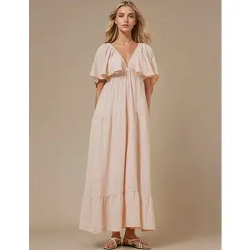 Solid Color V-Neck Backless Maxi Dress