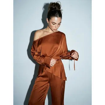 Off Shoulder Satin Wrap Top and Wide Leg Pant lounge set