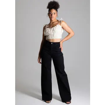 High-Waisted Wide Leg Twill Women's Pants in Black