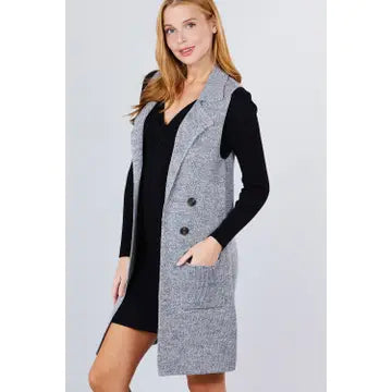 Sleeveless Notched Collar Long Sweater Vest