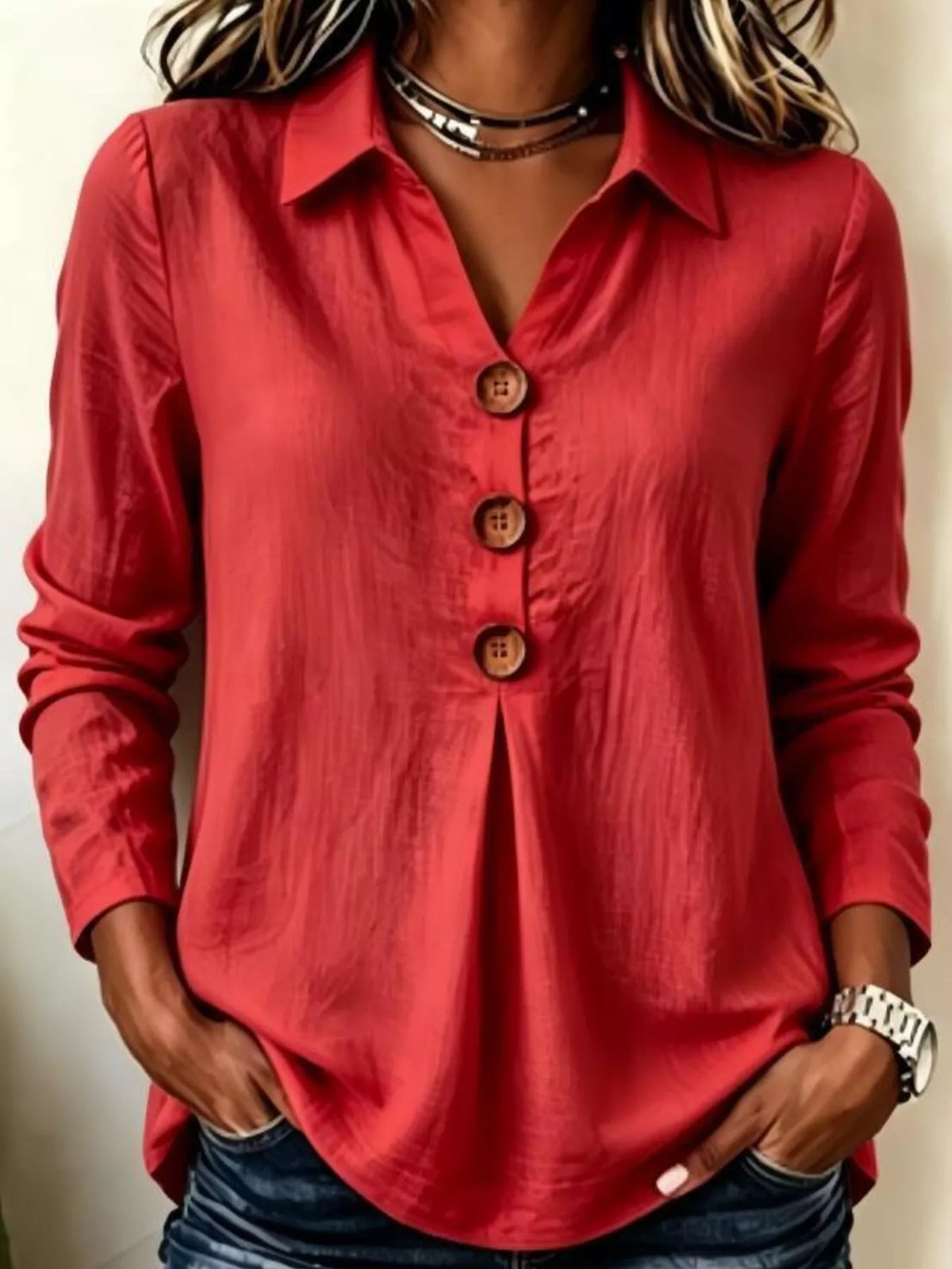 Full Size Button Detail Long Sleeve Blouse Plus Size