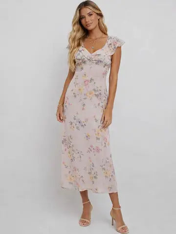 Ladies Romantic Ruffle V-Neck Floral Print Midi Dress