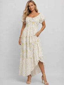 Ladies Floral Print Sweetheart Neck Puff Sleeves Maxi Dress