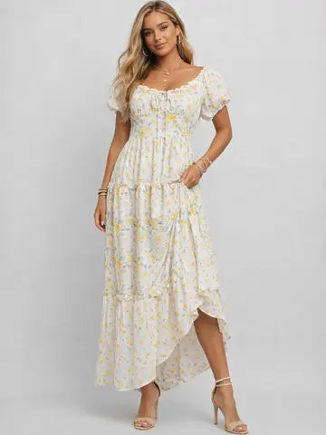 Ladies Floral Print Sweetheart Neck Puff Sleeves Maxi Dress