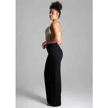 High-Waisted Wide Leg Twill Women's Pants in Black