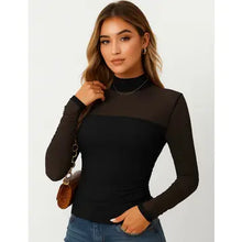 See Sheer Mock Neck Long Sleeves Mesh Top