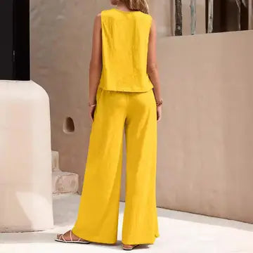 Ladies Solid Color Sleeveless Vest and Pants Sets