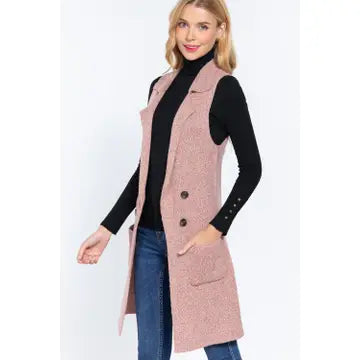 Sleeveless Notched Collar Long Sweater Vest