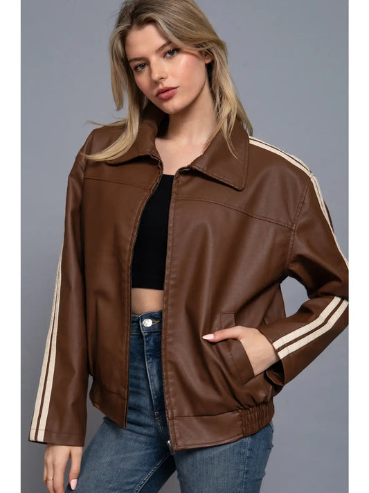 Long Sleeve Line Detail Faux Leather Jacket