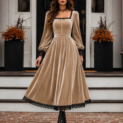 Square-neck Lace-panel Velvet Dress